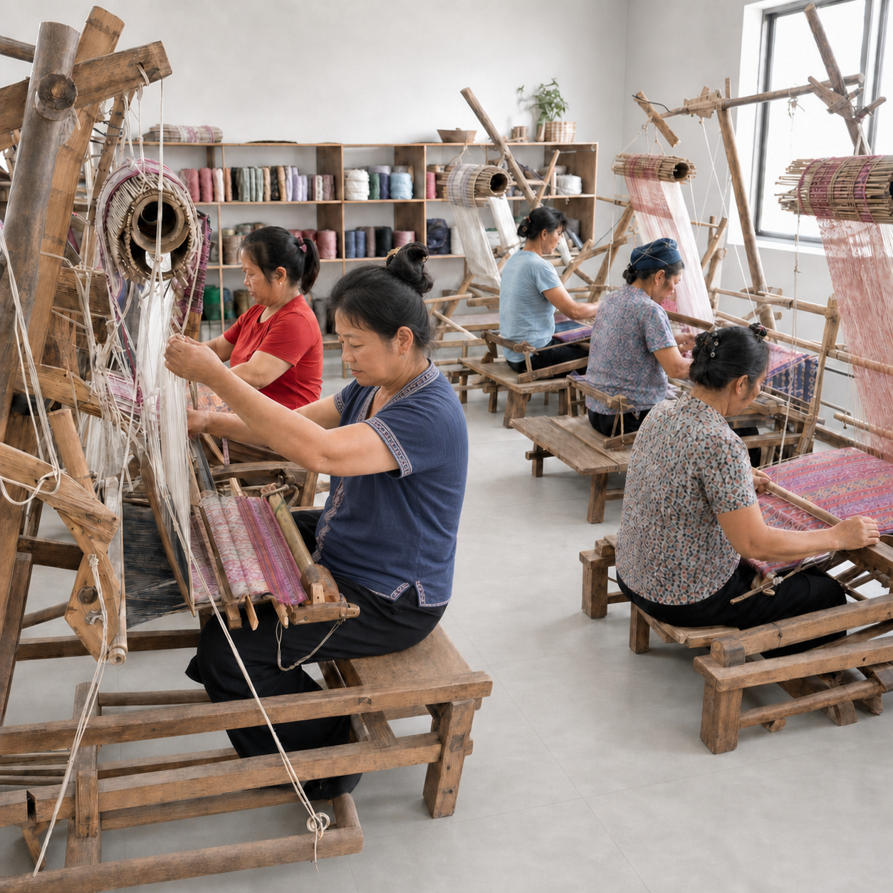 Zhuang artisans working at traditional wooden looms in Guangxi